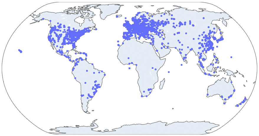 Distribución de los nodos de Bitcoin alrededor del mundo, según Crawly.